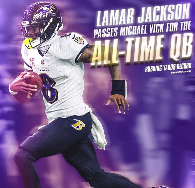 Lamar Jackson impone récord de yardas por tierra en la NFL.